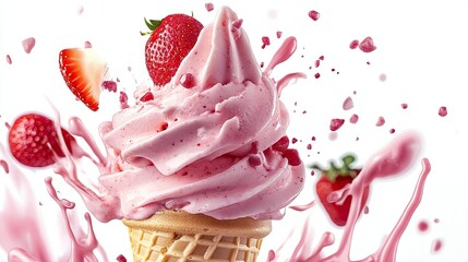 Strawberry ice cream cone bursting with flavor, scoops flying in all directions, isolated on a crisp white background