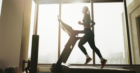 Wall Mural - Fitness, woman and running on treadmill at gym for cardio exercise, workout and training performance. Active, female person and machine for morning routine, endurance and speed challenge of wellness