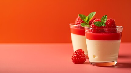 Wall Mural - Vanilla panna cotta with raspberry served in a glass food on orange background