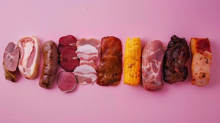 Wall Mural - Variety of meats on pink ready to be grilled