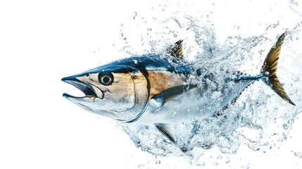 Tuna fish breaking through the surface of the water, isolated on a white background, illustrating movement and aquatic life.