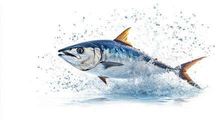 Tuna fish captured mid-jump, with water droplets trailing behind, isolated on a white background for a striking visual.