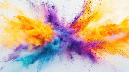 Vibrant explosion of Holi powder in yellow, purple, orange, and blue, creating a burst of vivid color on a white background.