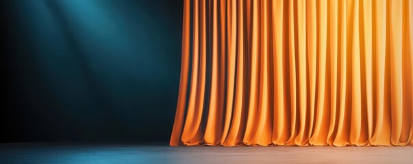 A vibrant orange curtain drapes gracefully, illuminated by soft lights, creating a dramatic backdrop for performances.