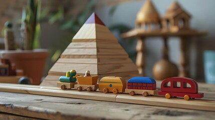 Wall Mural - Wooden toys concept wooden toy railway and pyramid in the children room