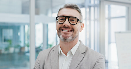 Poster - Happy, professional and portrait of business man with company pride, confidence and smile. Entrepreneur, corporate consultant and face of person in office for career, job opportunity and working