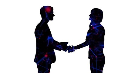 Poster - animation of silhouette of business people over red and blue shapes on white background