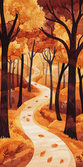 Autumn forest with trees of orange and brown shades, with a winding road