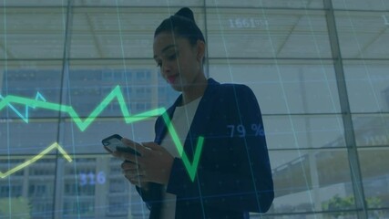 Poster - Animation of data processing and diagrams over biracial businesswoman using smartphone