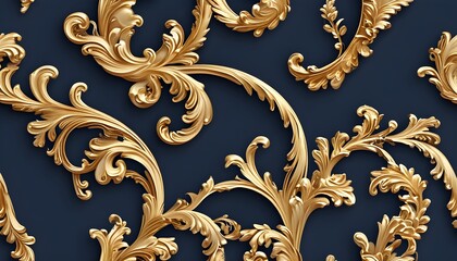 Wall Mural - Regal gold and navy blue baroque swirls in a seamless pattern perfect for luxurious product design and elegant festive decorations