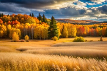 Poster - Serene autumn meadow with vibrant foliage and dramatic sky