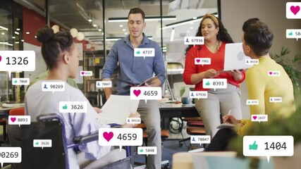 Poster - Animation of media icons over disabled and diverse colleagues discussing work in office