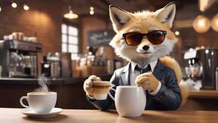 Wall Mural - Fox wearing sunglasses drinking coffee in bar with barista outfit