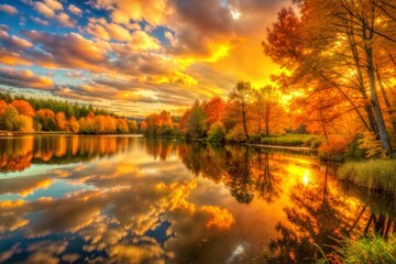 Wall Mural - Golden sunset over tranquil lake with reflections of autumn trees