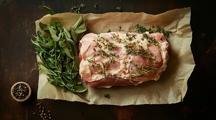 Raw pork meat garnished with fresh herbs, ready for preparation.