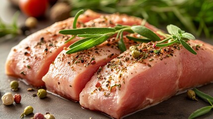 Raw pork meat garnished with fresh herbs, ready for preparation.