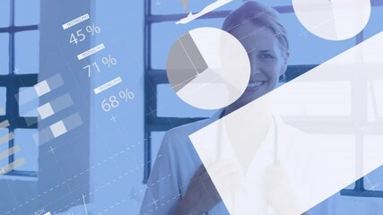 Poster - Animation of data processing and diagrams over happy caucasian businesswoman in office