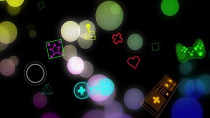 Poster - Animation of colourful spots moving and gaming icons on black background