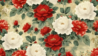 Timeless floral pattern featuring red and white blossoms for retro wallpaper, fabric, and print designs celebrating classic garden beauty and nature