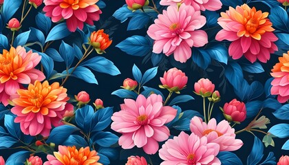 Vibrant floral pattern of pink and orange blooms with deep blue foliage, perfect for spring and summer themed wallpapers, fabric designs, and posters