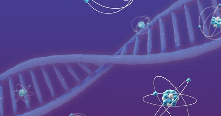 Poster - Animation of molecules and dna strand on purple background