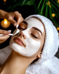 A serene beauty treatment with a woman enjoying a facial mask. Relaxation and skincare in a soothing environment with gentle lighting.