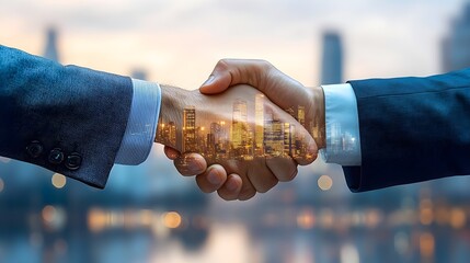 Wall Mural - Business Deal Handshake Cityscape Double Exposure