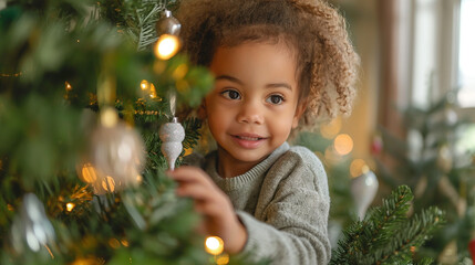 A family decorating a Christmas tree, with twinkling lights and festive ornaments