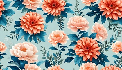 Teal Foliage and Coral Blooms Seamless Pattern for Valentines and Mothers Day Designs