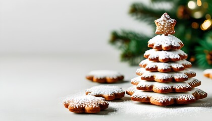 Wall Mural - Festive gingerbread Christmas trees with white icing on a minimalist backdrop, perfect for holiday menus, banners, or culinary blogs.