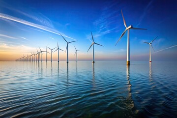 Wall Mural - power supply, environment, eco-friendly, sustainable, A stock photo of a wind turbine array located in the water capturing the picturesque view of alternative green energy production