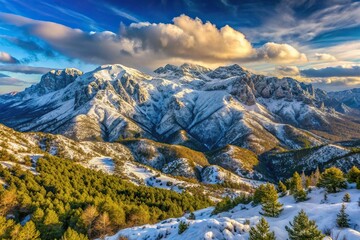 Sticker - Panorama of snow covered mountain Biokovo with a stunning view of its peaks and valleys, breathtaking, scenic beauty, winter season, nature, mountain, winter, snowy, travel, snow-covered