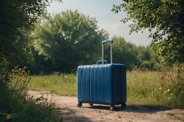 Blue suitcase on the background of nature summer day. Summer concept traveling with a suitcase minimal creative travel concept Generative AI