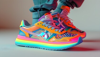 Holographic sneakers embodying synthwave and retrowave aesthetics, merging retro style with vaporwave influences from the 90s and 2000s in fashion and lifestyle.