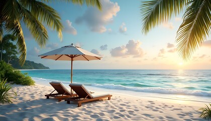 Tropical Beach with Lounge Chairs and Umbrella.