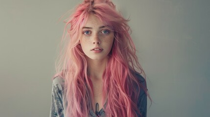 Wall Mural - Close-up of a girl's face with unusual pink hair color. The concept of improving the appearance of hair, revealing femininity and attractiveness, developing hairdressing business.