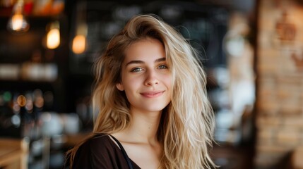 Portrait of a young happy girl with long blond hair on a blurred background of a cafe.