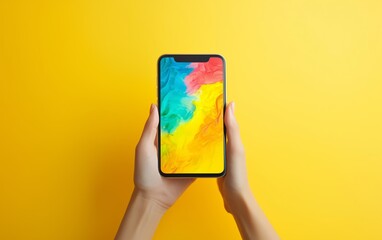 Two hands hold a smartphone displaying a colorful abstract screen, symbolizing creativity, technology, and modern design in mobile devices.