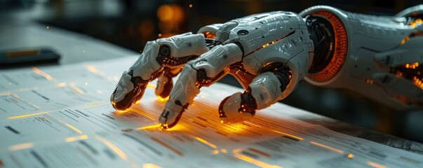 A robotic hand with glowing orange energy interacts with a digital document.