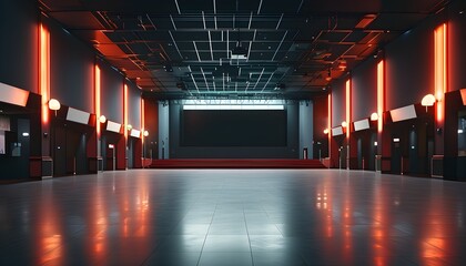 Cinematic Ambience of an Empty Hall with Blank Screen for Film Festival and Movie Presentation Concepts