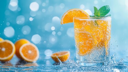 Refreshing Orange and Mint Soda with Splashing Water