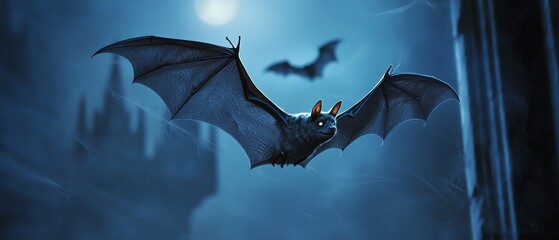 A stunning nighttime scene featuring a bat soaring through a moonlit sky, perfect for Halloween or wildlife themes.