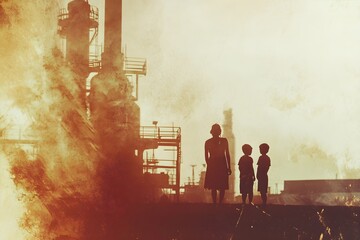 A woman and two children stand in front of a large industrial plant