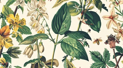 Poster - Vintage Botanical Illustration with Flowers  Leaves  and Insects on White Background