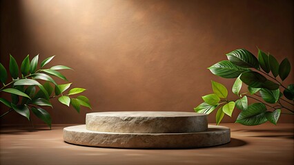 Stone podium with nature leaves on brown background in a rendering