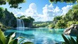 © Aventurine - Serene, tropical paradise with a cascading waterfall, lush vegetation, and exotic birds, realistic, idyllic escape