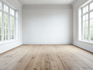 Empty room in a property with white walls, wooden floors and windows providing natural lightning. Residential Real Estate mockup image.