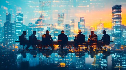 Wall Mural - Business Silhouettes Meeting Cityscape Night View