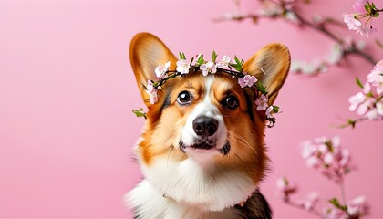 Adorable corgi puppy in a flower crown on a pink background, perfect for spring celebrations and holiday-themed invitations or greeting cards