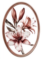 Wall Mural - A floral illustration featuring elegant lilies in soft hues within an oval frame.